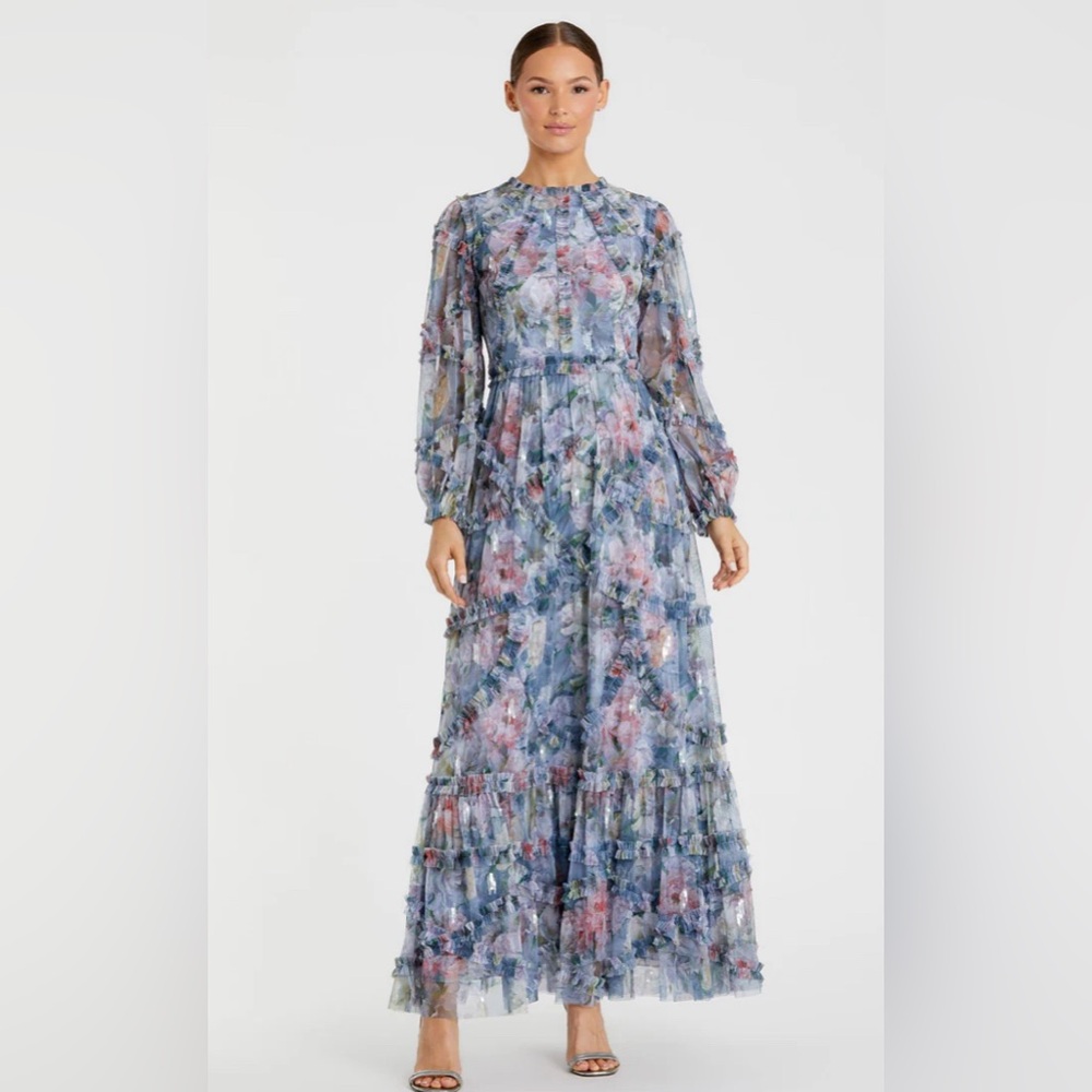 Long Sleeve High Neck Ruffle Detail Gown - Platinum Multi / 4